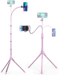 Aureday Phone Tripod, 92" Cell Phone Stand with 15" Gooseneck, Remote and Phone Holder, Overhead & Selfie Stick for Recording/Watching/Vlog, Compatible with iPhone Android, Pink by Aureday