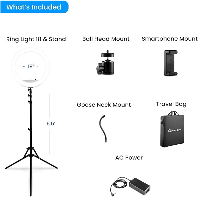 Lume Cube LED Ring Light for Videos, Selfies, Live Streaming |18” Circle Light with Stand, Phone Holder, and Camera Mount | Portable + 6.5 ft Tripod Stand and Travel Case | Battery Not Included - Image 8