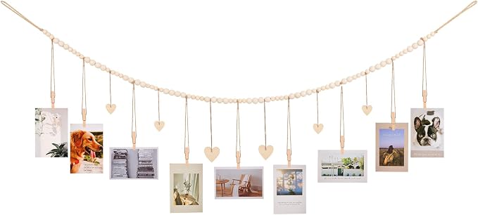 KLOGTSIND Hanging Photo Display with Clips, Wood Bead String Photo Banner | 9 Wooden Clips, Boho Picture Frames Collage Wall Decor, Photo Hanger for Bedroom, Office, Dorm Decor by KLOGTSINDDirect