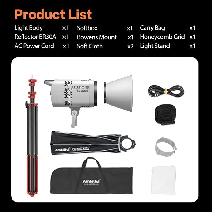 Godox LE200Bi Godox Light Kit 220W Bi-Color LED Video Light | 2800K-6500K,57700 LUX,CRI/TLCI≥98,11 FX, with Quick Release Softbox,Srand, APP Control,for Photography/Live Streaming - Image 9