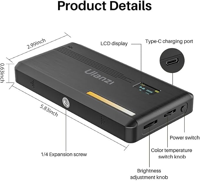 Ulanzi VL200 Camera Light, Bi-Color LED On-Camera Video Lights, 2500-9000K | Type-C Rechargeable 5000mAh, With Tilt Cold Shoe Mount, Soft Diffuser, 0-100% Dimmable, for Portrait Photography Vlogger - Image 7