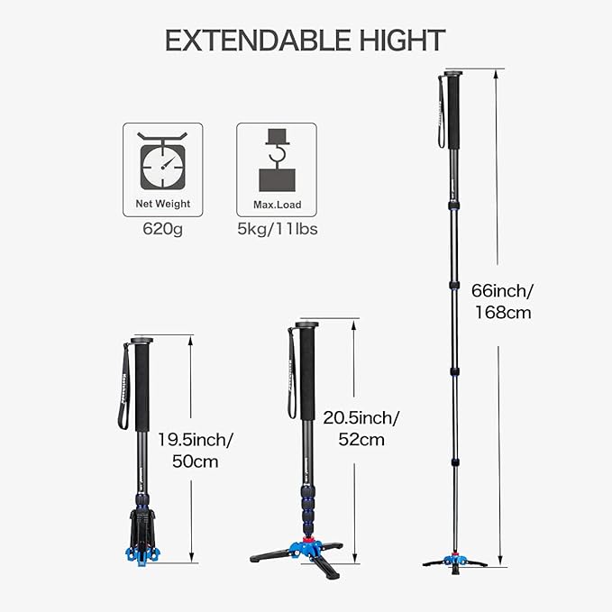 Koolehaoda Extendable Camera Monopod with Foldable Stand Base | 5-Section Height 66" Aluminium Photography Monopod for DSLR Canon Nikon Sony Video Camcorder, Maximum Load of 5 kg - Image 3