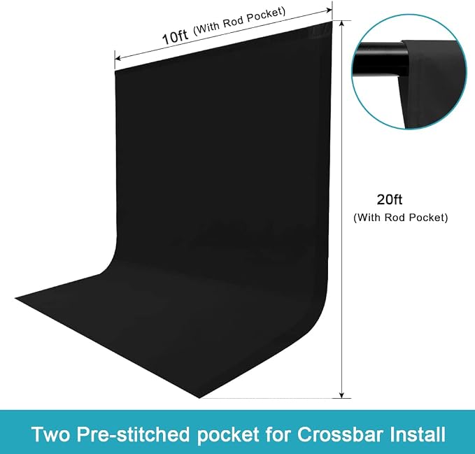 10X20ft Black Photo Backdrops for Photography, LCUIRC Two Rod Pocket Backdrops Curtain for Parties, Polyester Fabric Background with 4 Clamps for Product Protrait Photoshoot or Parties Decoration - Image 2