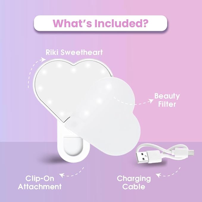 Riki Sweetheart Clip-On LED Makeup Mirror and Selfie Light, Rechargeable with Long-Lasting Battery, CRI 95+ for Phone, Laptop, and iPad, Film for TikTok, Instagram (White Sparkle) - Image 4