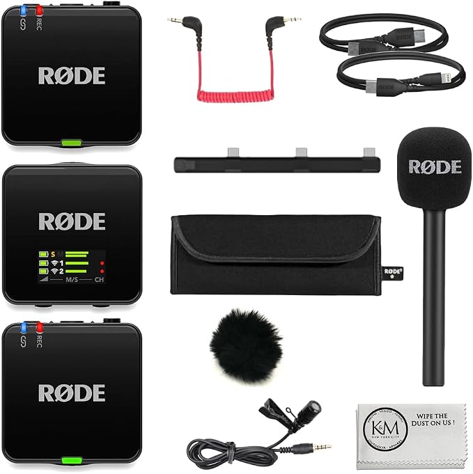 RØDE Wireless GO (Gen 3) 2-Person Compact Digital Wireless Microphone System/Recorder | 2.4 GHz, Black Bundle with GO Handheld Mic Adapter + Lavalier Microphone + Furry Windscreen + Cloth (5 Items) by R%C3%98DE