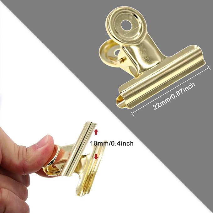 Coideal Small Gold Bull Hinge Clips, 30 Pcs Tiny Metal Binder Paper Clips for Tags Bags, Pictures Photos, Wire Grid Wall Decor, Office and Home Kitchen (Light Gold, 22mm) - Image 7
