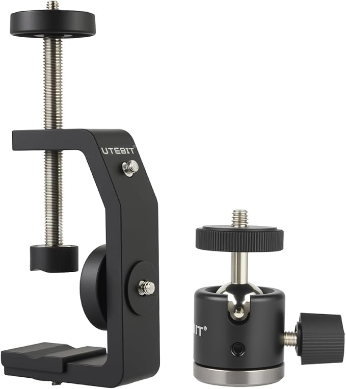 UTEBIT Super Clamp Mount with Mini Ball Head Mount, Black (90mm) | 1/4" Screw Hot Shoe Mount Adapter Camera Clamp Mount for Desk, Bicycle Gopro Clamp Mount Compatible for DJI Action 2/Insta360 by UTEBIT