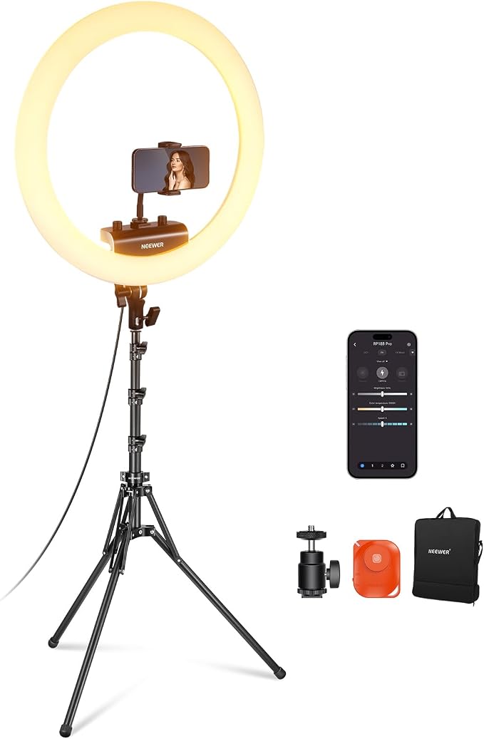 NEEWER 18 inch Ring Light with Tripod Stand and Phone Holder, Ultra Thin Video Ringlight 2900K-7000K TLCI98 App Control, Softer Lighting for Lash Tattoo Makeup Live Stream TikTok, RP18B Pro White by Neewer