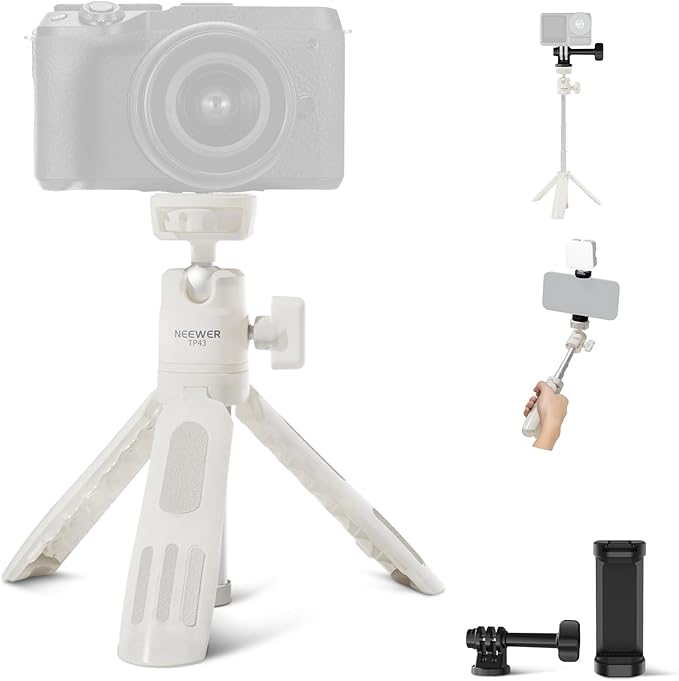 NEEWER Basics Mini Desk Selfie Stick Tripod Compatible with iPhone GoPro Insta360 DJI, Portable Small Camera Webcam Android Cell Phone Holder Ball Head Elevated Axis Video Recording Stand, TP43 White by Neewer