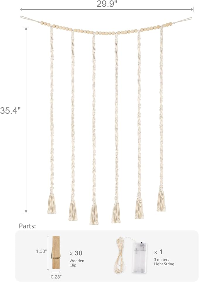 Mkono Hanging Photo Display, Boho Macrame Wall Decor with Lights, Ivory | 30 Clips, String Lights, Teen Girl Stuff Gifts, Wooden Beads Banner, Pictures Postcards Holder, Bedroom Living Room Dorm - Image 7