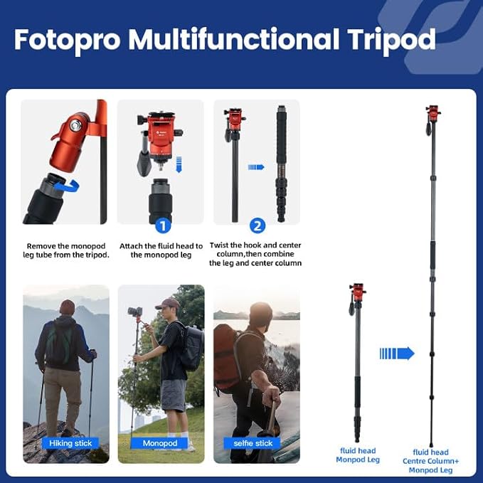 Fotopro 59" Carbon Fiber Travel Tripod, Compact Video Tripods with Fluid Head, Detachable Monopod with Arca-Swiss Quick Release Plate and Bag, Camera Tripod Load up to 8KG/17.63lbs, Orange - Image 5