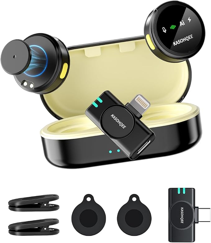 Wireless Lavalier Microphone for iPhone 17/16/15/14, iPad & Android, Magnetic Clip-on Mini Mic with Charging Case,30H Playtime Plug-Play Lapel Lavalier Mic for Vlog TikTok, AI Noise Reduction by kasohqee