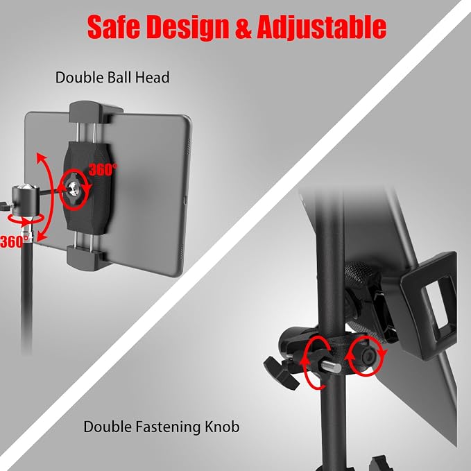 Kereal Tablet Holder for Mic Stand with 360° Ball Head and 3/8 to 1/4 Adapter, Microphone Stand Music Stand Tablet Phone Holder for Tripod, Fit for All 4.7 to 12.9 iPhone, Ipad, Andriod Smartphone - Image 3