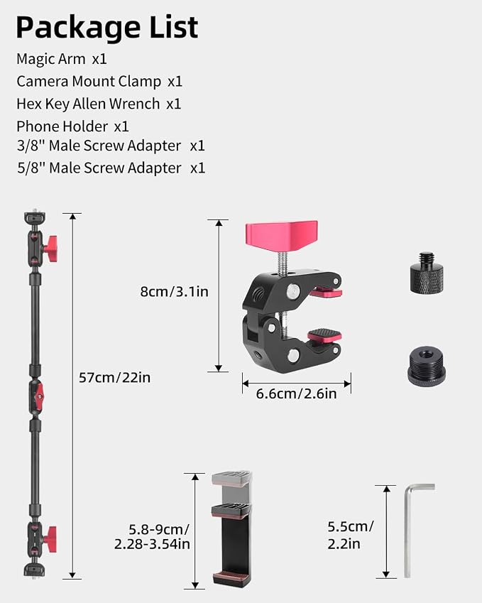 22" Magic Arm w Clamp Mount, Overhead Desk Phone Mount Stand, Adjustable Articulating Friction Camera Boom Arm w 1/4" Thread for Phone Video Light Webcam Action Camera Tripod Mic (Pack of 2) - Image 9
