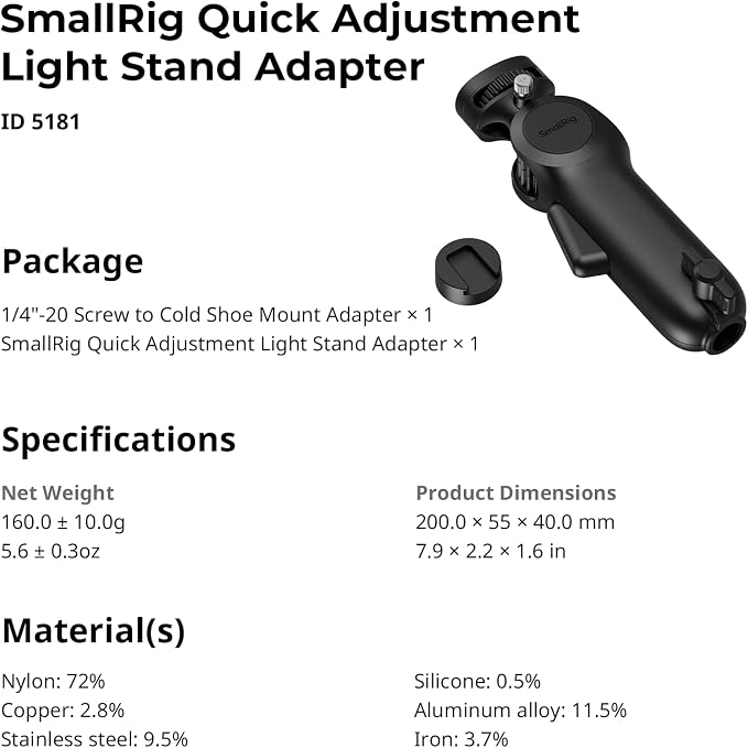 SmallRig Light Stand Adapter, One-Button 180° Pitch Quick Adjustment | 6.6lbs Max Load Capacity, for COB Video Light/Mini Light/Camera//Flash/Phone Clips - 5181 - Image 6