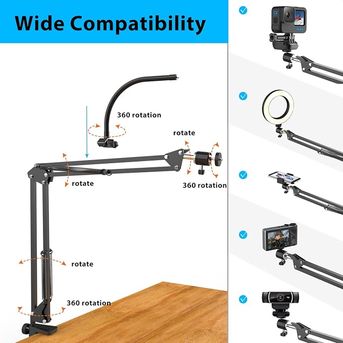Overhead Camera Mount with Ring Light, Flexible Articulating Phone Arm Stand Compatible with iPhone, Logitech Webcam, Desk Tripod for YouTube Live Stream Cooking Nail Video Recording - Image 5