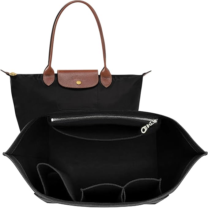 Doxo Purse Organizer Insert for Longchamp Le Pliage Tote, Large Bag Organizer with YKK Zipper Pocket & Cup Holder, Handbag Shaper for Women, Fits Original/Green/Energy L Tote, Black-WL by Doxo