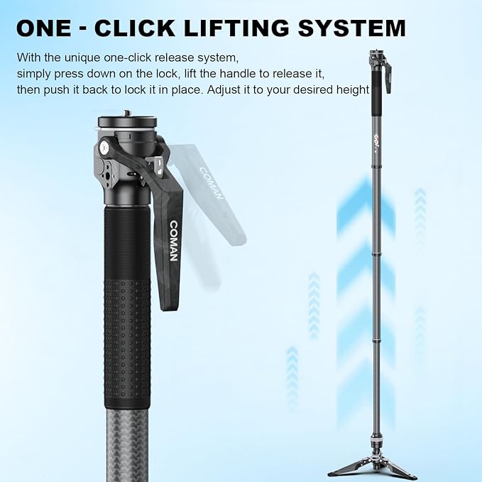 M1 62.8" Carbon Fiber Monopod for Camera, One-Click Lifting Monopod with feet, Compact for Travel, Max Load 44lbs / 20kg for Camera, DSLR, Camcorder - Image 2