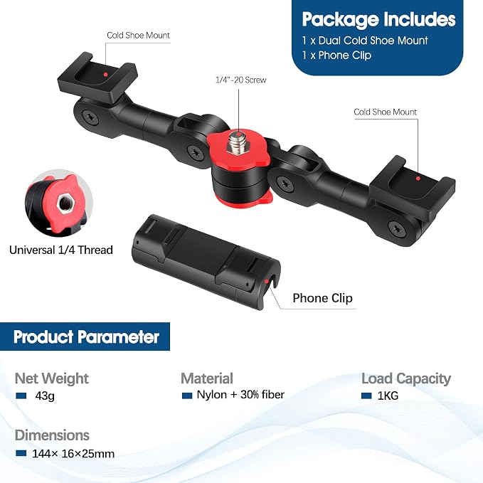 ChromLives Cold Shoe Mount Adapter with Phone Clip,Rotatable Dual Cold Shoe Extension Bracket Hot Shoe Mount Adapter for Led Light/Microphone - Image 7