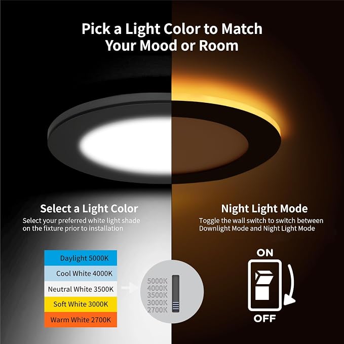Meconard 6 Pack 4 Inch 5CCT LED Recessed Ceiling Light with Night Light, 2700K/3000K/3500K/4000K/5000K Selectable Ultra-Thin Lighting, 9W=75W, 750LM, Dimmable Canless Wafer Downlight, Black Trim - Image 2
