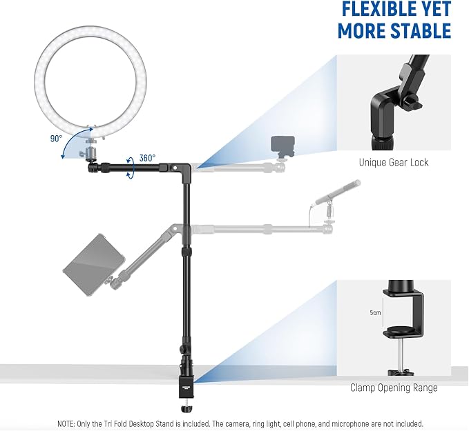 NEEWER 45.5" Overhead Camera Desk Stand, Aluminum 4 Section Magic Mic Boom Arm with C Clamp Mount Holder, for Webcam LED Light Microphone Streaming Zoom Video Recording, Max Load 4.41lb, DS023 - Image 3