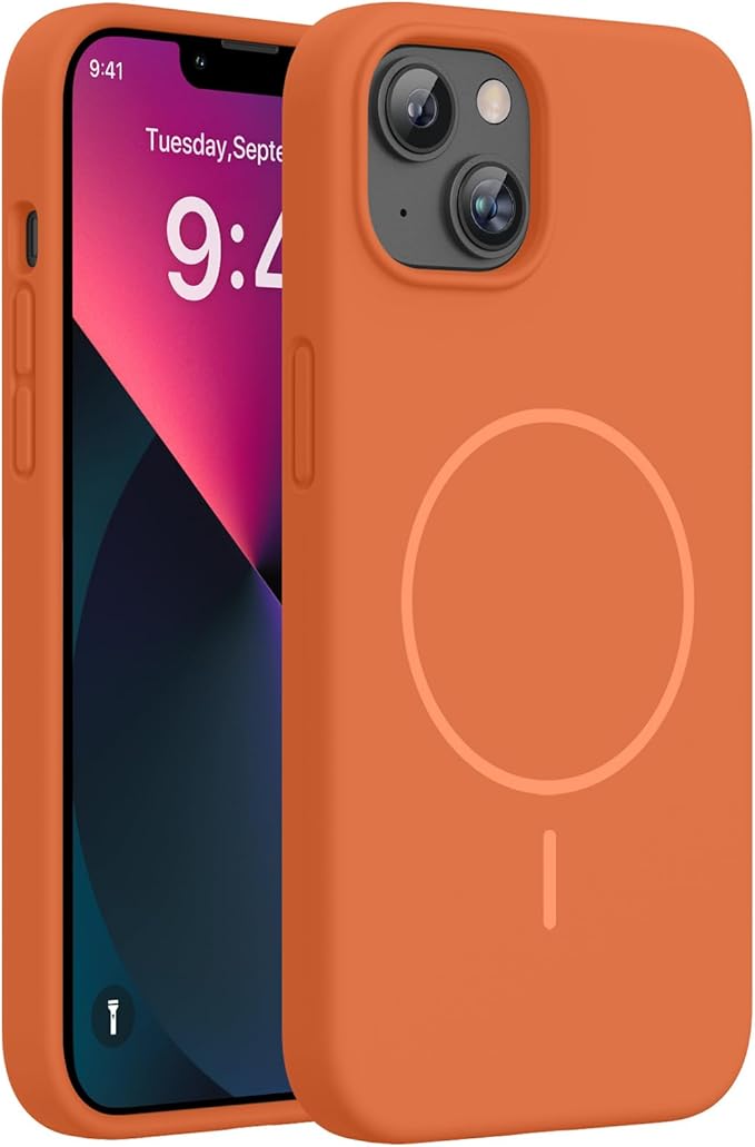 Miracase Silicone & Magnetic for iPhone 13 Case, Amber Orange | Compatible with MagSafe, Soft Microfiber Lining, Premium Silicone Cover Shockproof Drop Protection Phone Case for 13 by Miracase