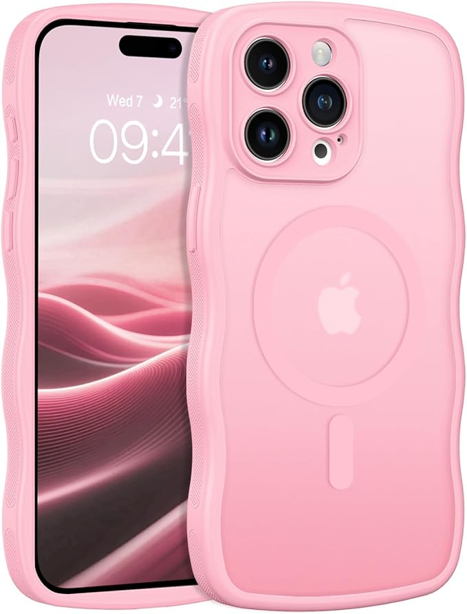 BENTOBEN Magnetic for iPhone 15 Pro Max Case, Cute Wavy [Full Camera Protection][Compatible with MagSafe] Matte Anti-Slip Bumper Women Men Boys Protective Cover for 15 ProMax 6.7", Light Pink by BENTOBEN