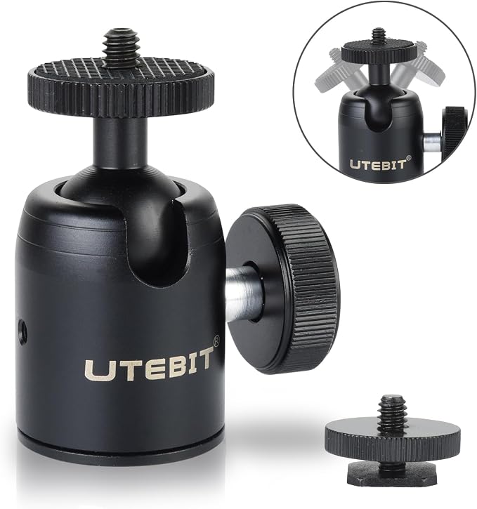 UTEBIT Mini Ball Head, with 3/8" to 1/4" Adapter Ballheads Black | 360° Pan 90° Tilt Tripods Mount with 24mm Ball Head Metal Low Profile, Camera Mount Adapter Holder for Phone/DLSR Camera - Image 2