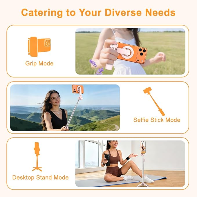 Upgrated 5-in-1 Magnetic Selfie Stick with Remote for Cell Phone 360° Rotation.Can Transforms into Mini Tripod/Camera Grip/Handheld Stabilizer/Phone Stand.Extend to 25 inches - Image 4
