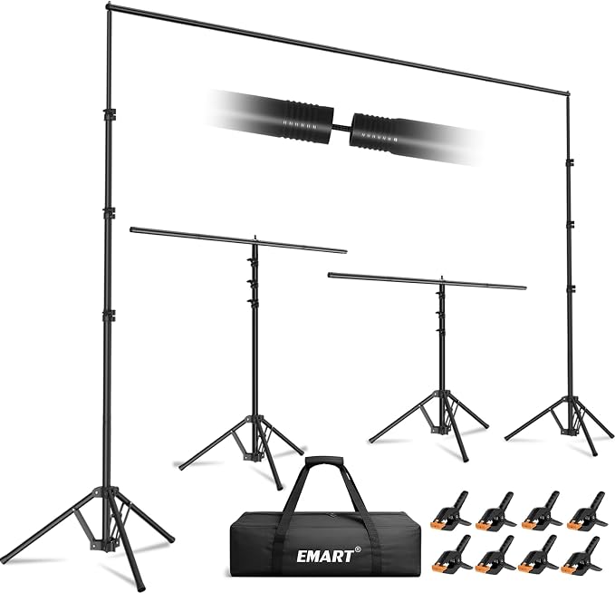 EMART 3-in-1 Backdrop Stand 10x8.5 ft Adjustable Photography Banner Stand | T-Shape Back Drop Stand for Party, Wedding, Events Dectorations, Background Support kit for Photo Video Studio with 8 Clamps by EMART