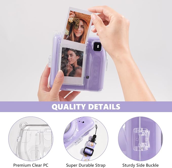 Fuji Mini SE Clear Case, Hard PC Protective Case for Instax Mini SE Instant Camera with Cute Cartoon Sticker & Adjustable Shoulder Strap - Purple Happy Dog - Image 3