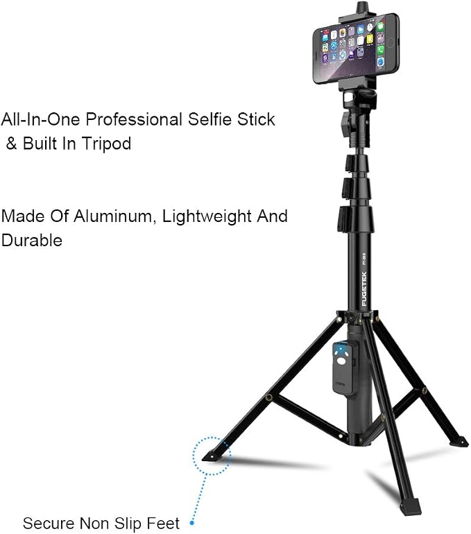 Fugetek 51" Professional Selfie Stick Tripod, 100% All Aluminum Stick & Legs, Lightweight, Detachable Bluetooth Remote, Portable All in One, Compatible with iPhone & Android, Non Skid Feet, Black - Image 4