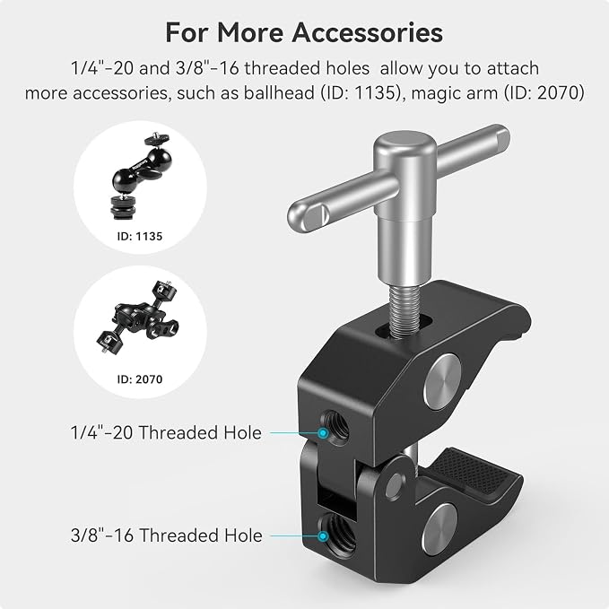 SMALLRIG Super Clamp with 1/4 and 3/8 Thread for Cameras, Lights, Umbrellas | for Hooks / Shelves / Plate Glass / Gross Bars - Image 4