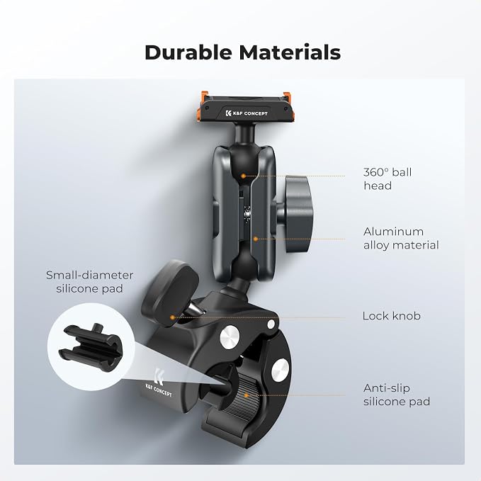 K&F CONCEPT Super Clamp Camera Mount Bike/Motorcycle | 360° Dual Ball Head Handlebar Tube Mount Quick Release Compatible with Action 5 Pro/4/3, MS101 - Image 7