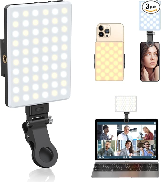 Selfie Light, Phone Light with Front & Back Clip, 60 LED Portable Light with 3 Modes, 5000mAh Rechargeable Video Light for Phone, iPhone, IPad, Laptop, TikTok, Makeup, Live Stream, Vlog(Black) by OLRPT