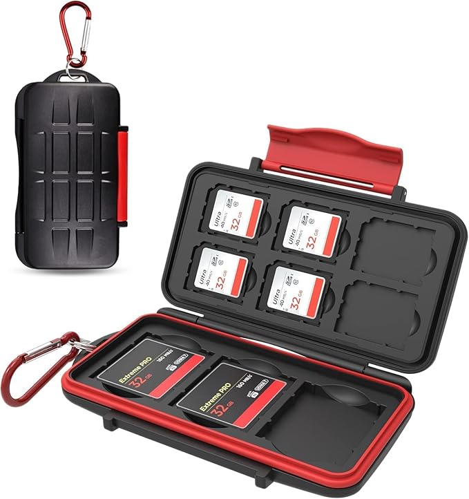 Kiorafoto 9 Slot Memory Card Case for 6 SD & 3 CF,IPX5 Water-Resistant | Anti-Shock,Memory Card Holder for 6 SD SDHC SDXC & 3 CF Compact Flash Cards,Hard Shell with Rubber Interior & Carabiner by Kiorafoto