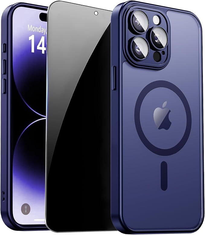 for iPhone 14 Pro Max Case with Privacy Screen Protector, Blue | Full Camera Protection, Translucent Matte Magnetic, Compatible with MagSafe, Shockproof Phone Cover, Slim Fit by ZOZDOKG