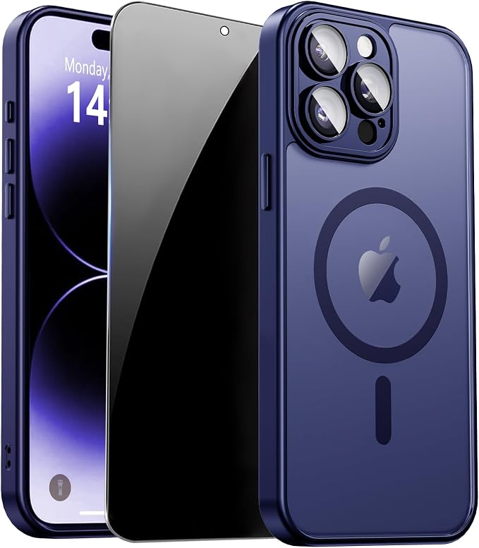 for iPhone 14 Pro Case with Privacy Screen Protector, Blue | Full Camera Protection, Translucent Matte Magnetic, Compatible with MagSafe, Shockproof Phone Cover, Slim Fit by ZOZDOKG