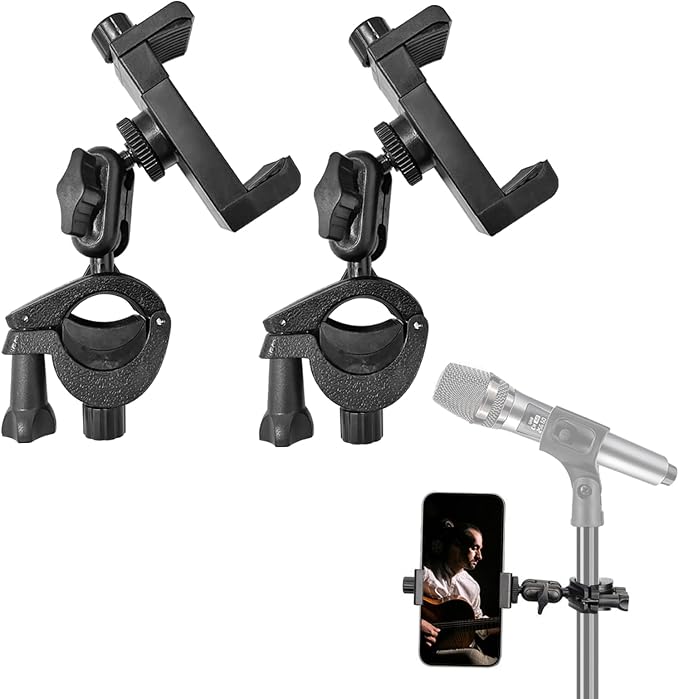 2 Pack Microphone Stand Phone Holder, JCWNIY Universal Mic Stand Phone Holders Adjustable 360° Swivel Phone Holder for Mic Stand Phone Clip Clamp Mount for iPhone, Android, Any Smartphones by JCWINY