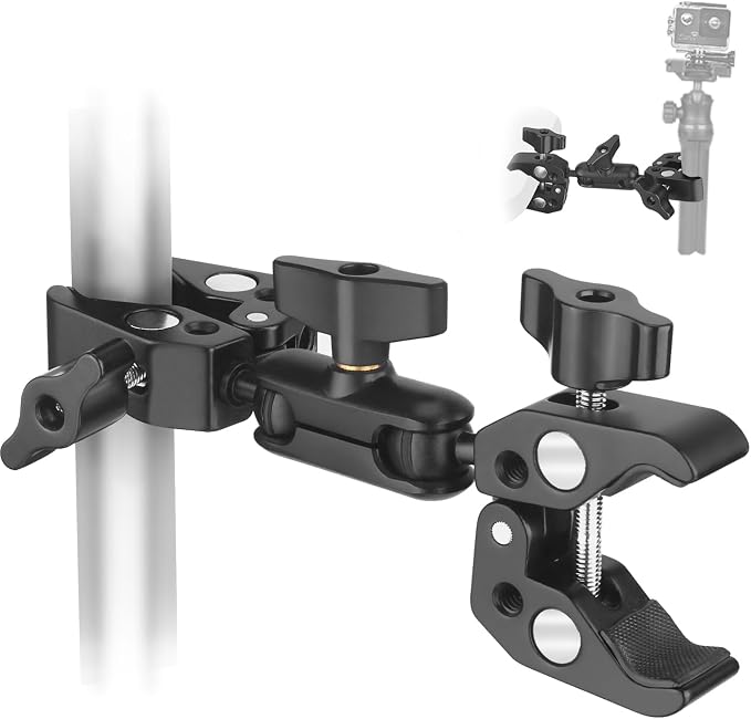 Double Super Clamp Camera Mount, Umbrella Holder w/ 360° Ballhead | Aluminum, silicone pads, grips 0.5-2.3" rods, flat 0-1.97", 1/4" thread, 3" arm, for bike, stroller, light stand, reflector by YAYOYAPhotography