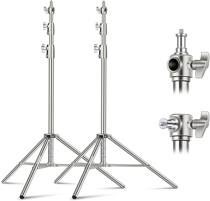 NEEWER 2Pcs 9.2ft Stainless Steel Light Stands, Spring Cushioned Heavy Duty Photography Tripod Stand with 1/4"-3/8" Adapter for Strobe Video Ring Light Monolight Softbox, 22lb Max Load, ST-280SS by Neewer