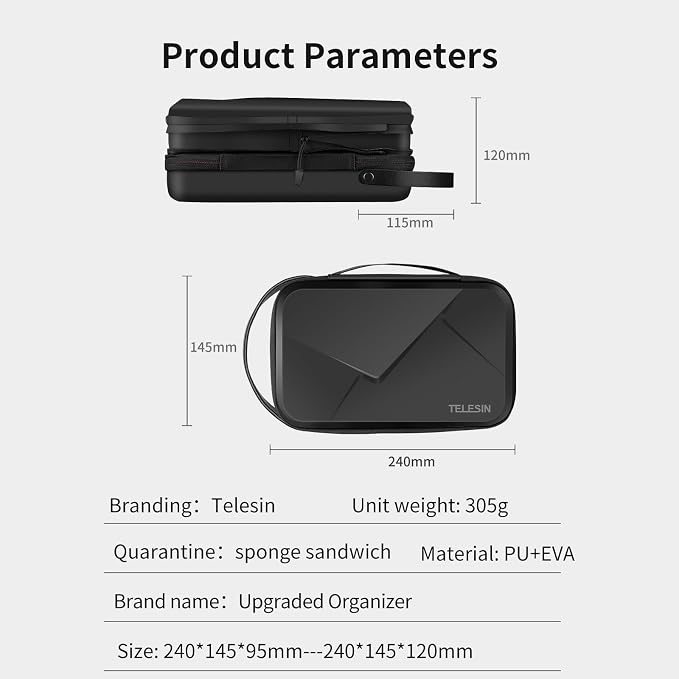 TELESIN Large Carry Case Carrying Travel Bag for GoPro Max Hero 13 12 11 10 9 8 7 6 5 DJI Action 3 4 5 Osmo Pocket 3 Insta360 X3 X4 X5 Go3 Ace Pro AKASO Battery Charger Strap Mount Accessories - Image 6