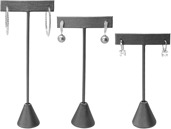 Ikee Design 6Pcs Set Earring Stand Display, 3 sizes, Ht. Faux grey Leather. | MULTI-HEIGHT EARRING DISPLAY: Steel Grey Leatherette with a stable metal base for various earring sizes; 2.5"W x 5.5"H. - Image 3