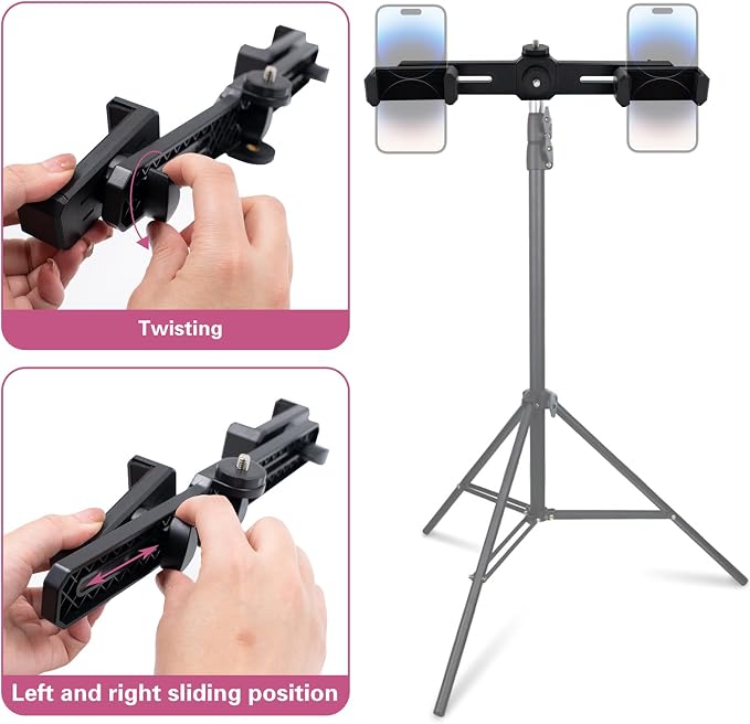 Dual Phone Holder Phone Tripod Mount Adapter, Universal 360° Rotation Adjustable Clip Stand for Vlog Live Streaming Video Recording, Compatible with 1/4'' Screws, Black - Image 2