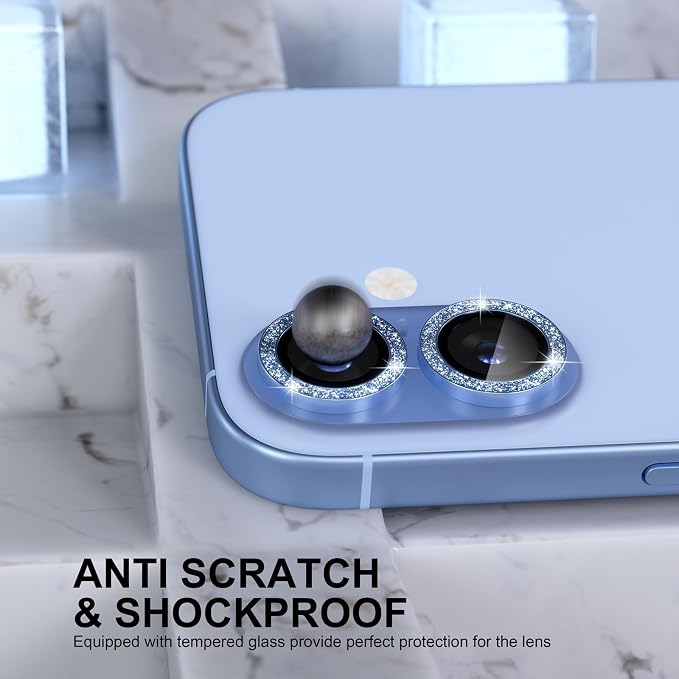 Choiche for iPhone 17 Camera Lens Protector Bling, Glitter-Blue | Ultra HD, 9H Tempered Glass Camera Cover Screen Protector Metal Individual Ring Decoration Accessories, 2-Lens, 6.3-inch - Image 3