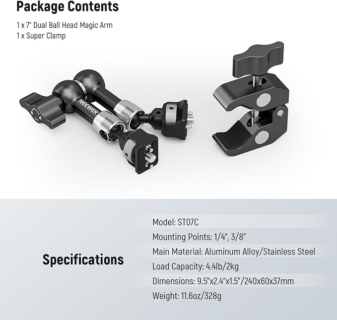 NEEWER 7" Articulating Magic Arm Clamp Mount with Super Clamp, Camera Monitor Mount with 1/4" 3/8" ARRI Locating Pins & Holes for DSLR Action Camera Video Light Compatible with SmallRig Cage, ST07C - Image 7