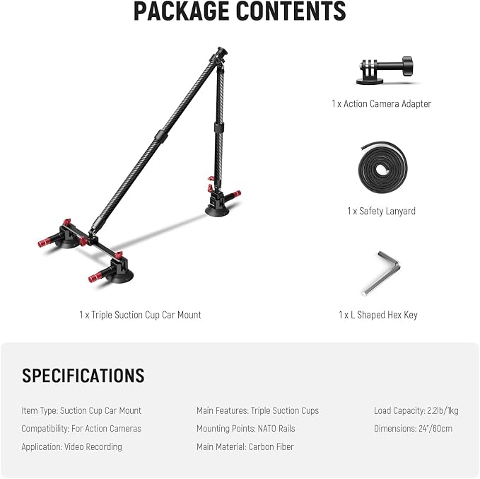 NEEWER Triple Suction Cup Car Mount Kit, Carbon Fiber Camera Mount with Action Camera Adapter, NATO Rail & 24"/60cm Extension Pole Compatible with GoPro Insta360, 2.2lb/1kg Max Load, CA136 - Image 8