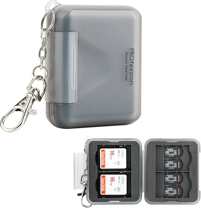 PROfezzion SD Card Holder Case for 4 SD/SDXC/SDHC & 8 microSD TF Memory | Small and Portable, Water-Resistant, Hard Shell with Soft Rubber Interior, Memory Card Organizer Storage Box with Keychain - Image 7