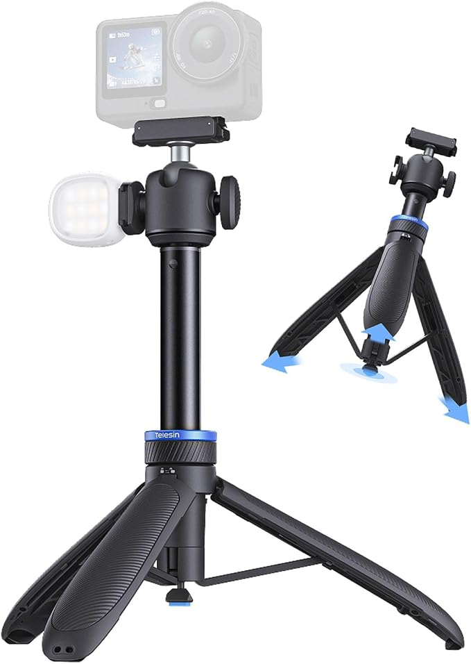 TELESIN 0.1s Auto Open Mini Selfie Stick Tripod for DJI Action Camera | 65cm/25.5in Magnetic Quick Release Tripod for DJI Osmo Action 6 / Nano / 360, Xtra 360 / Atto, Cold Shoe Mount,360° Ball Head by telesin