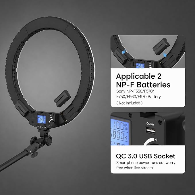 18” Ring Light with Wall Mount Stand and Wireless Remote, 4 Color Filters Bi-Color LCD Display 60W 3000-5800K CRI≥97 Light Ring for Video Recording/Photography/Beauty Shop/Tattoo/Barber | Bi-Color LCD Display 60W 3000-5800K CRI≥97 Light Ring for Video ... - Image 4